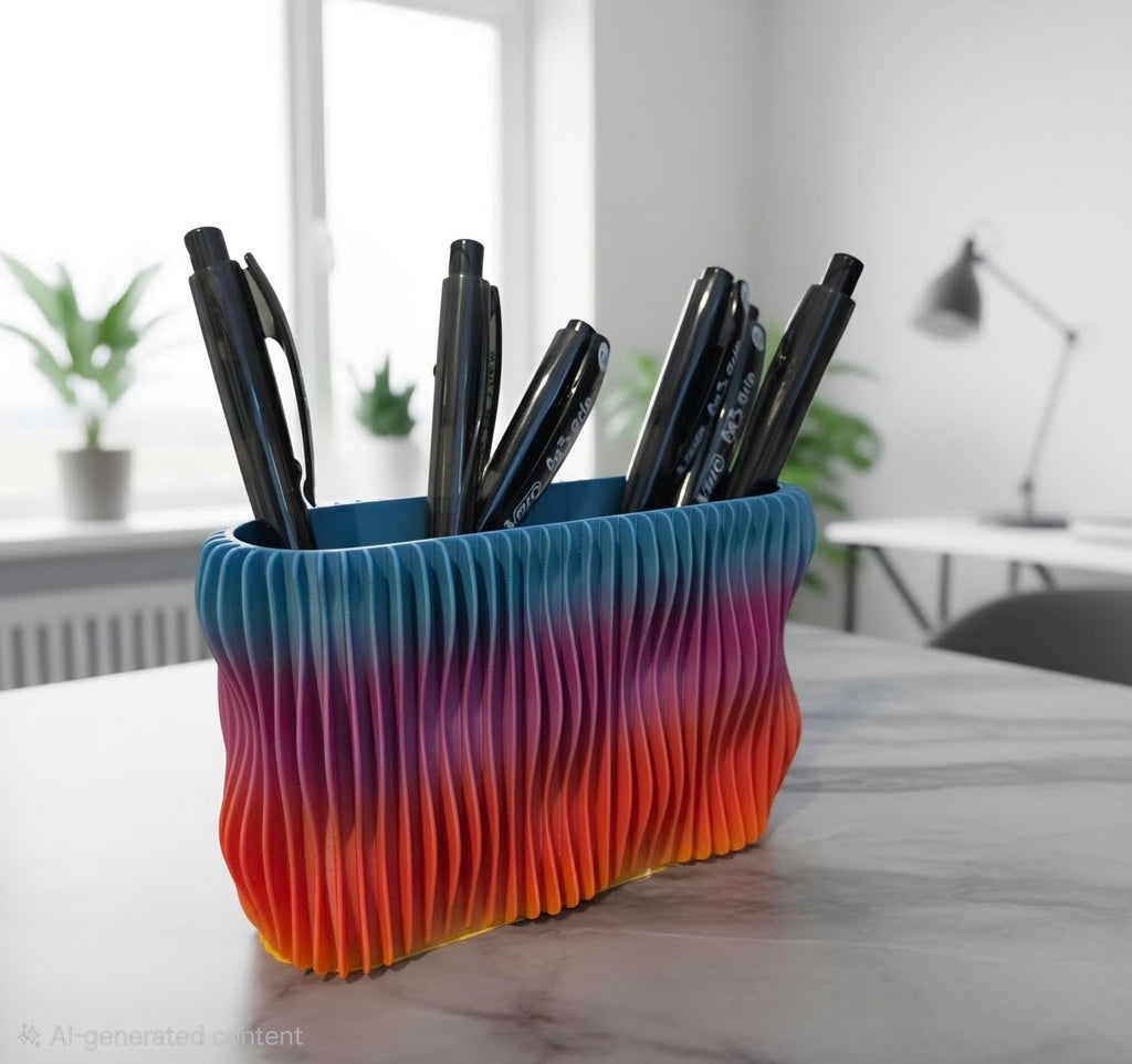 Rainbow pen holder  on a desk in an office setting