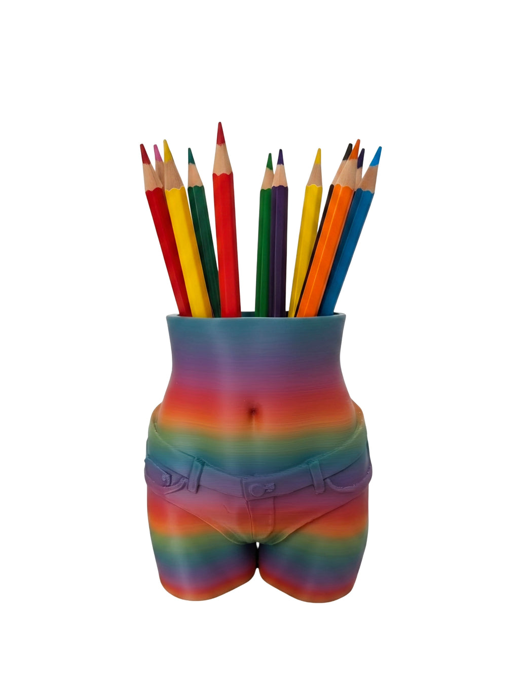 A novelty desk holder shaped like a person's lower torso wearing shorts, filled with colored pencils. The holder has a rainbow gradient pattern, and the pencils inside add more colors.