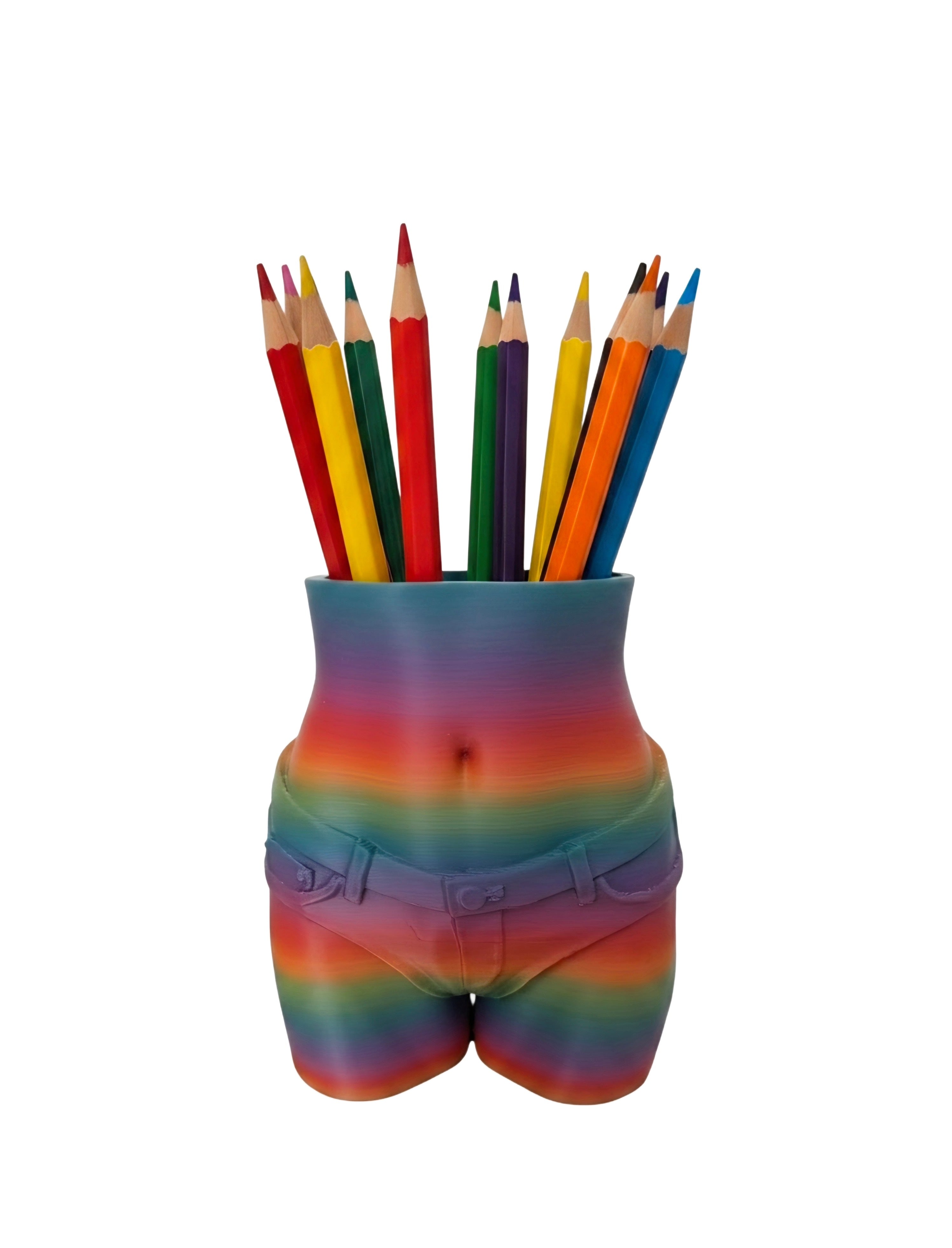 A novelty desk holder shaped like a person's lower torso wearing shorts, filled with colored pencils. The holder has a rainbow gradient pattern, and the pencils inside add more colors.