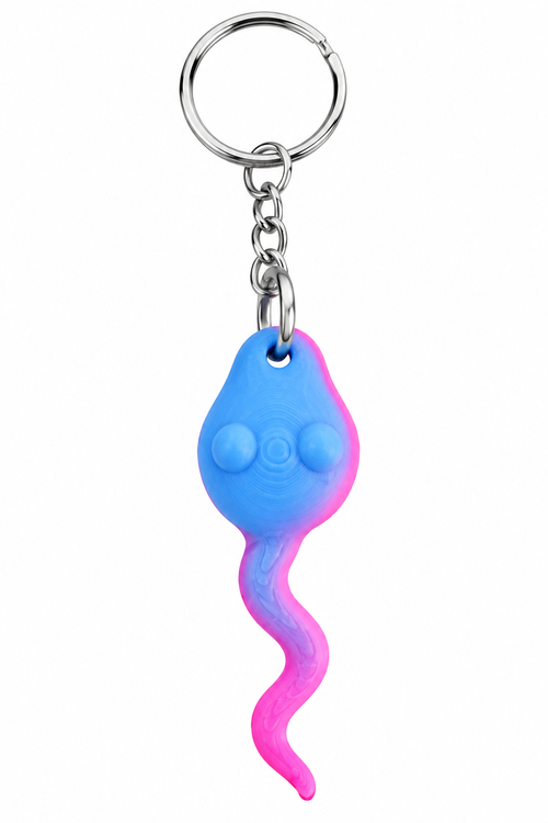 A novelty sperm-shaped keychain with a blue and pink gradient body, attached to a silver metal split ring and chain, shown on a plain white background.