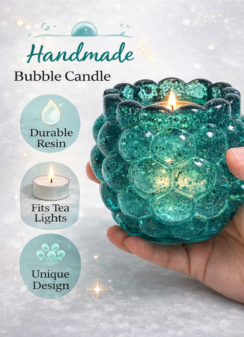 Handmade bubble candle held by a hand with product features highlighted.