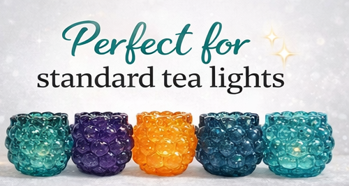Colorful textured candle holders with text 'Perfect for standard tea lights' on a light background