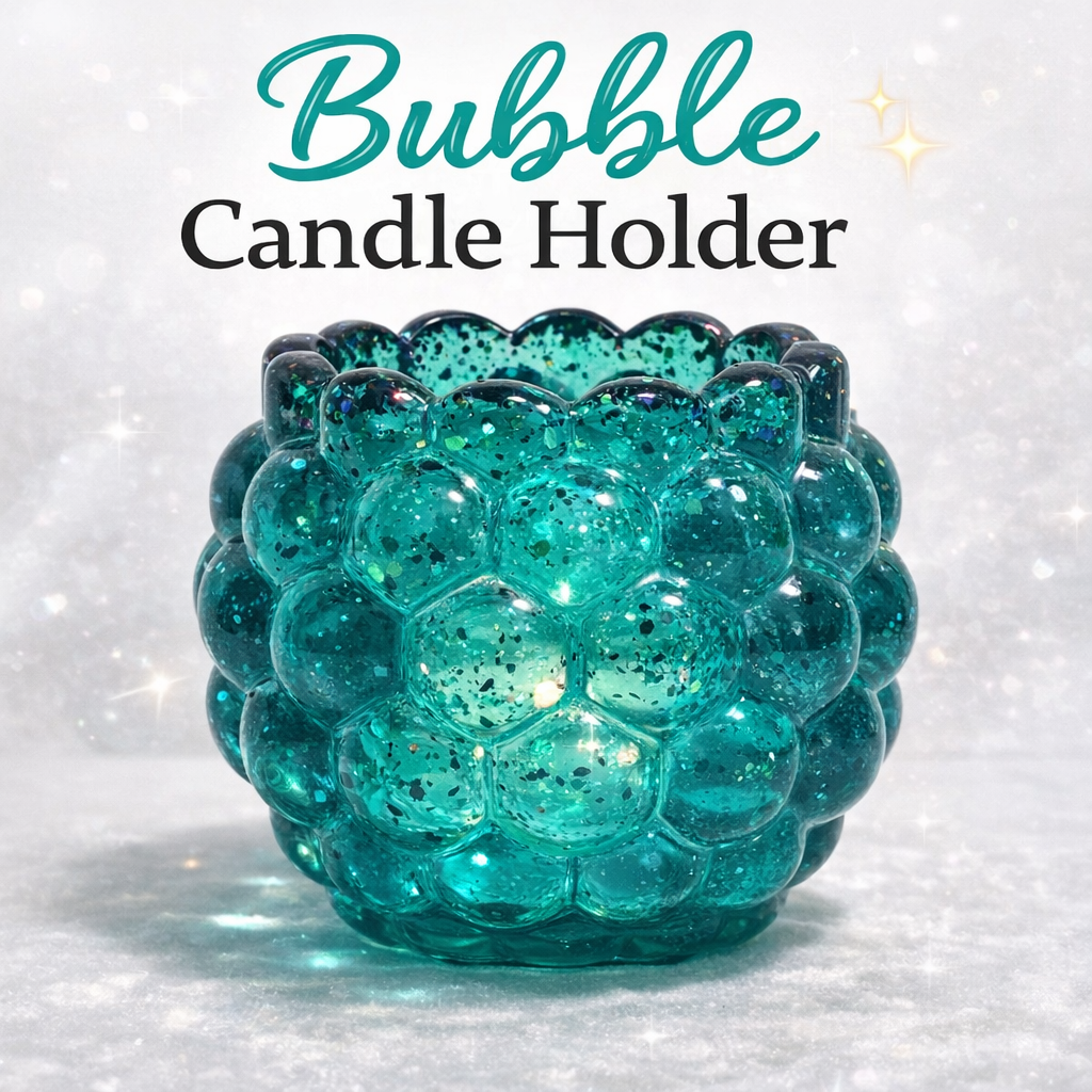 Turquoise bubble candle holder on a white background with 'Bubble Candle Holder' text.