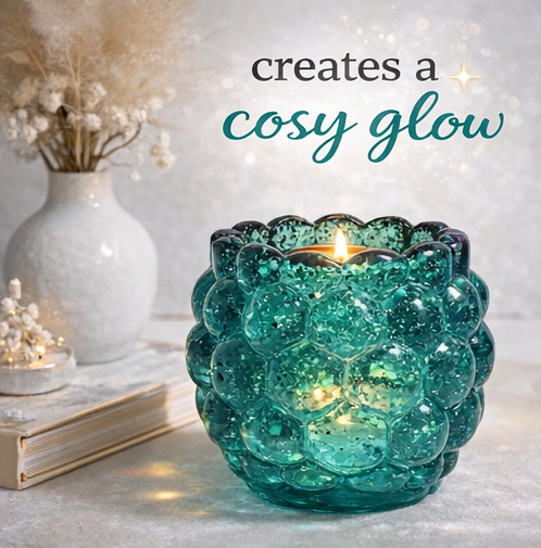 Teal glass candle holder with a lit candle, surrounded by decorative items on a light background.