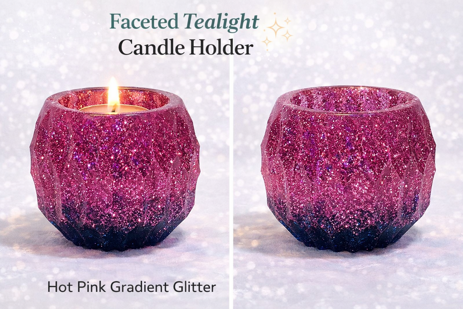 Faceted tealight candle holder with hot pink gradient glitter on a white background