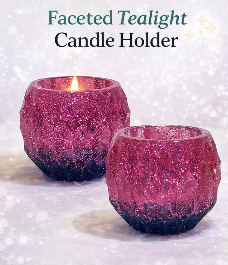 Two pink faceted tealight candle holders on a white background with text 'Faceted Tealight Candle Holder'.