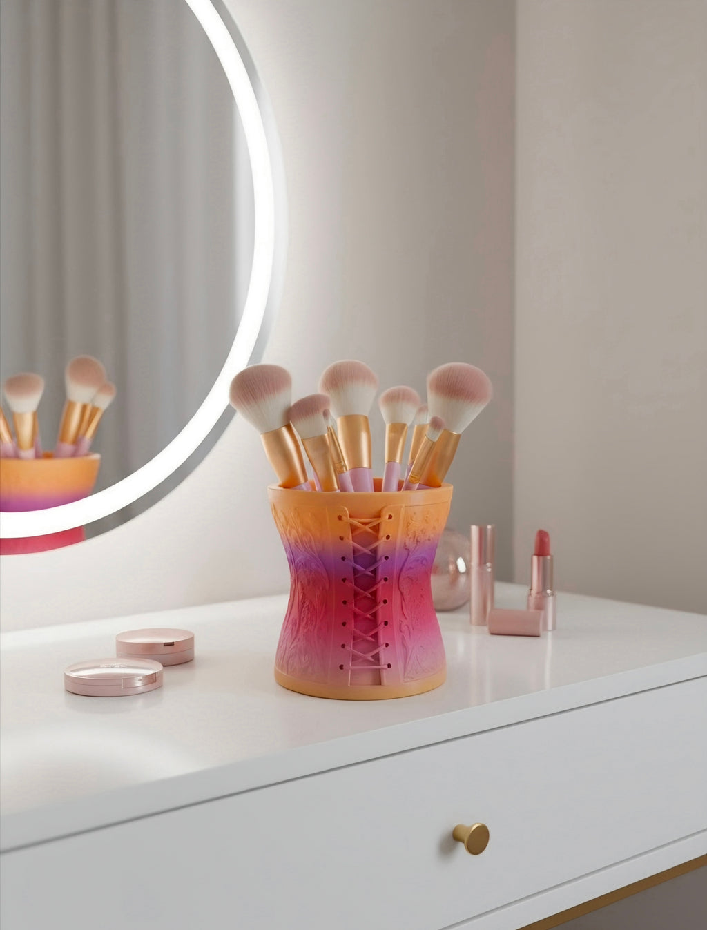 A makeup brush holder using rainbow  PLA.  A lace-up corset design, holding makeup brushes on a white vanity table next to a lit-up round mirror.