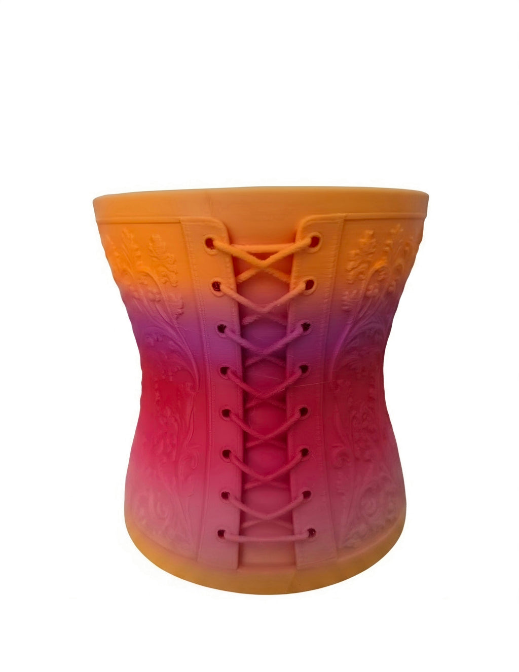 A makeup brush holder using rainbow  PLA.  A lace-up corset design.  Set against a plain white background.