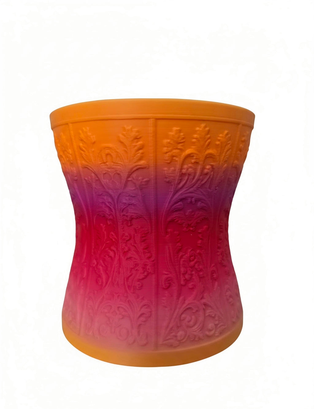 A makeup brush holder using rainbow  PLA.  A lace-up corset design.  Set against a plain white background.