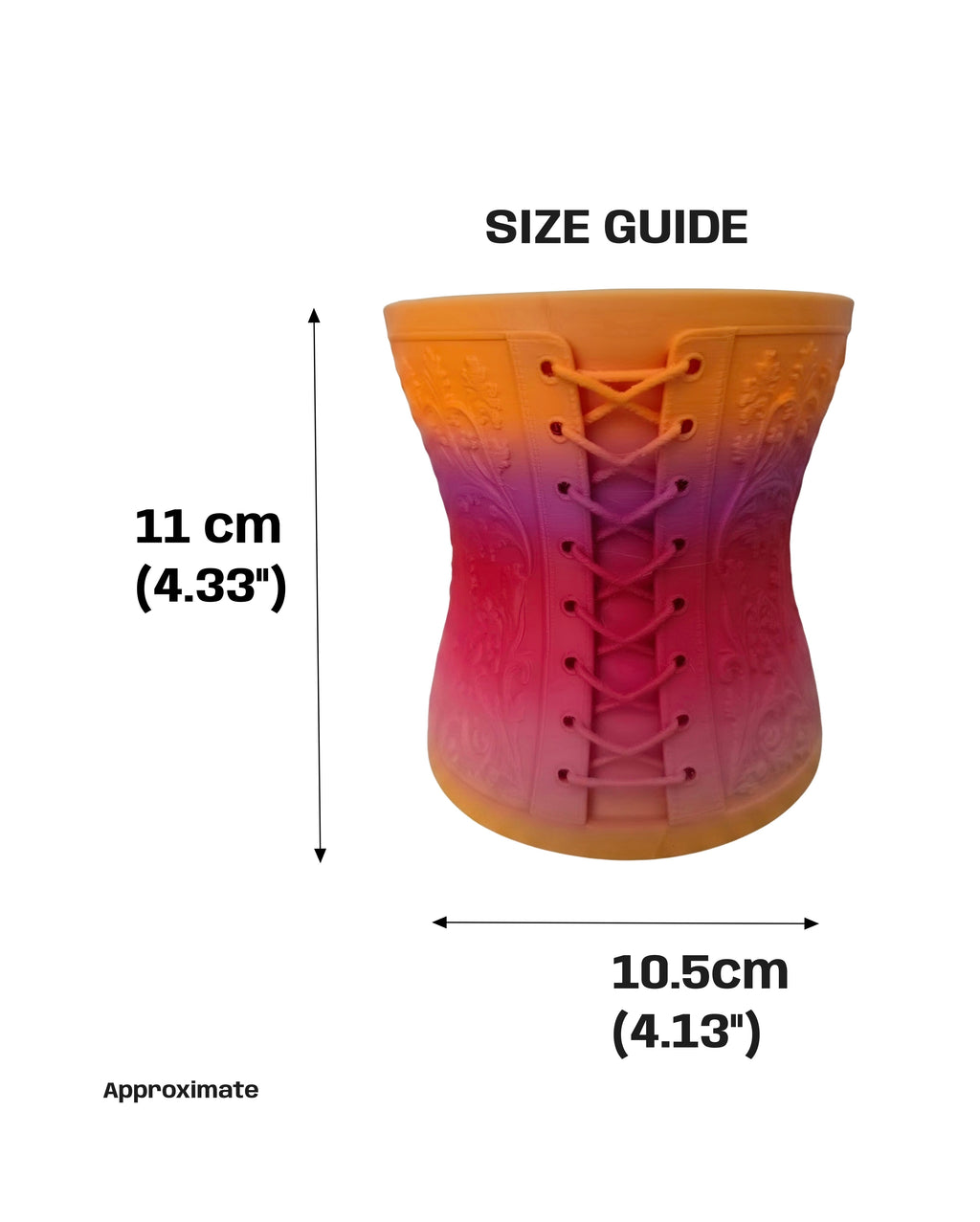 A lace-up corset shown on a white background with measurement labels reading 11 cm height and 10.5cm diameter.