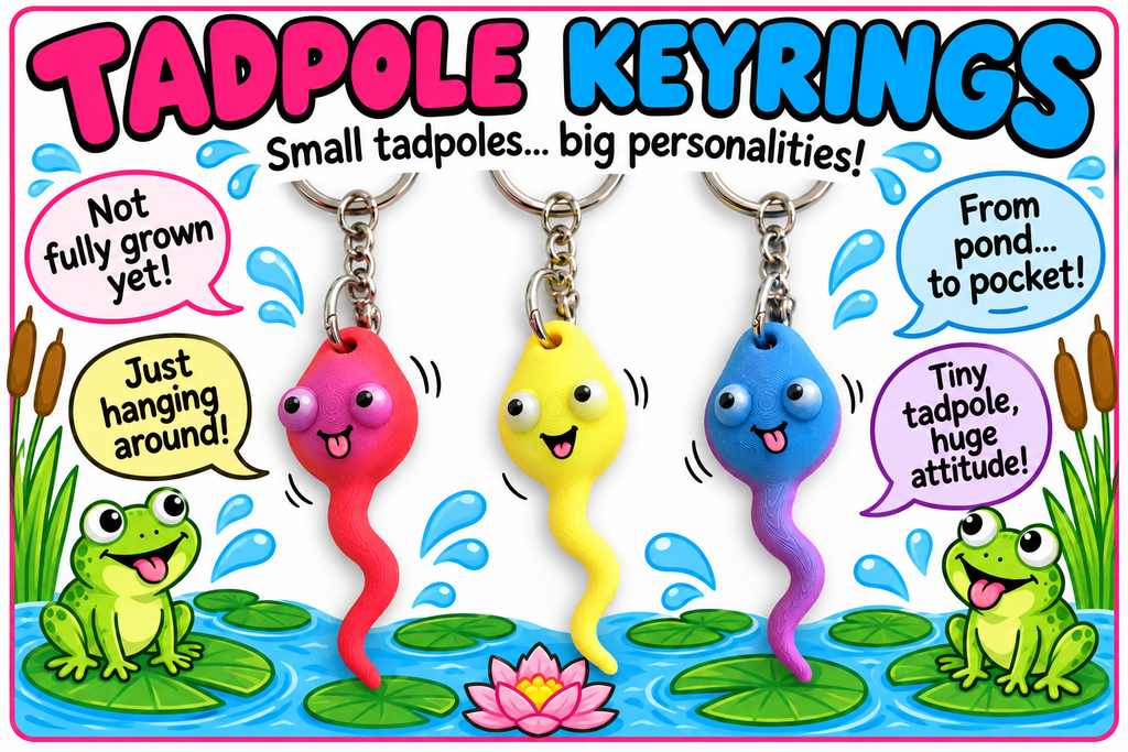 A colorful product graphic for 'TADPOLE KEYRINGS' showing three small tadpole-shaped keychains in pink, yellow, and blue, surrounded by cartoon frogs, lily pads, water drops, and speech bubbles on a white background with a pink border.
