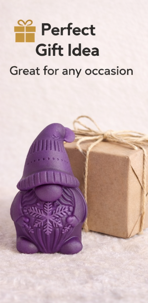 Purple gnome-shaped ornament with a gift box on a light background, labelled as a 'Perfect Gift Idea'.