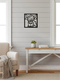 Decorative Line wall art of a Highland Cow in a living room with a white wall and wooden furniture.