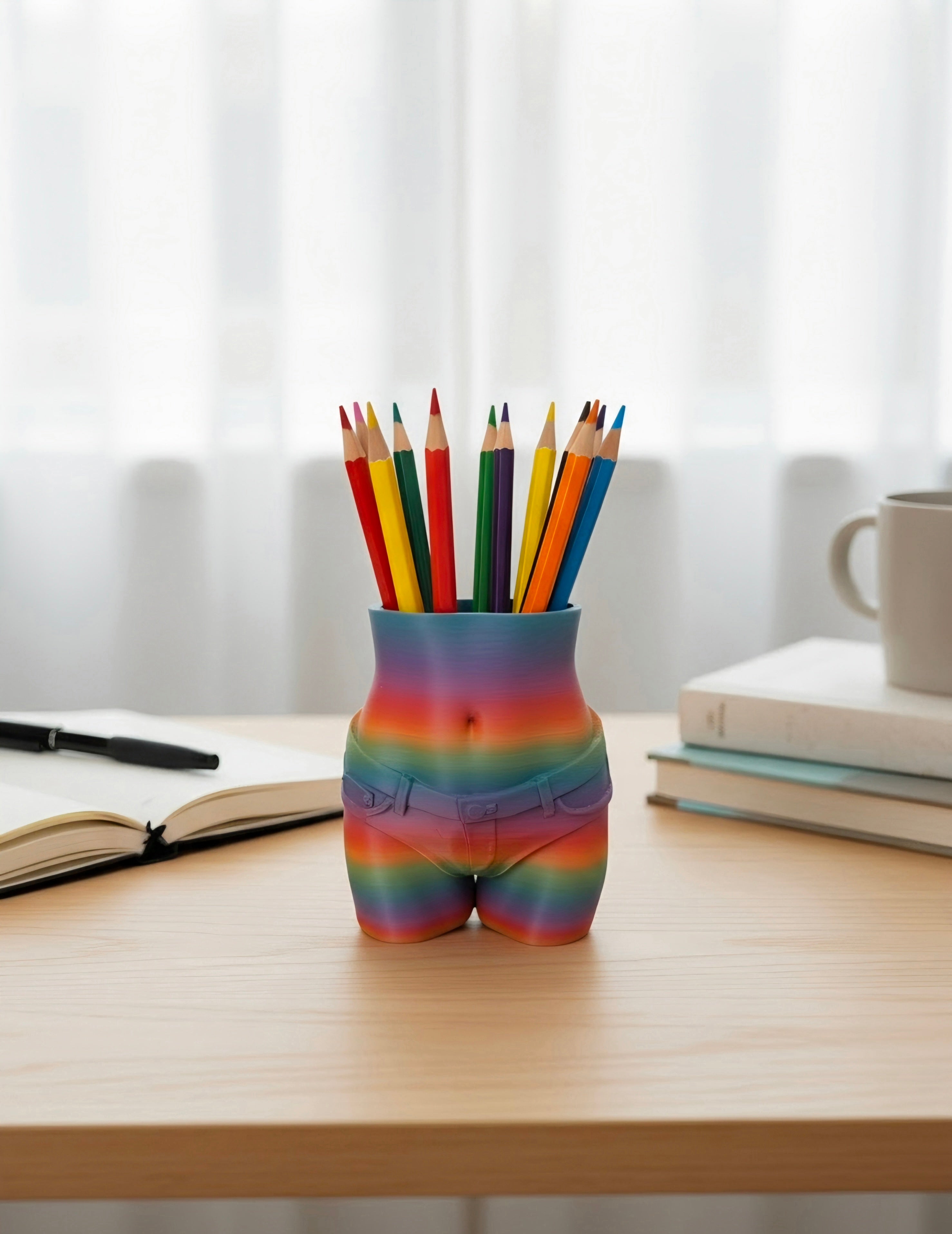 A novelty desk holder shaped like a person's hips and upper thighs, covered in a rainbow gradient pattern, holding several colored pencils. It is placed on a light wood desk with books and a mug in the background.