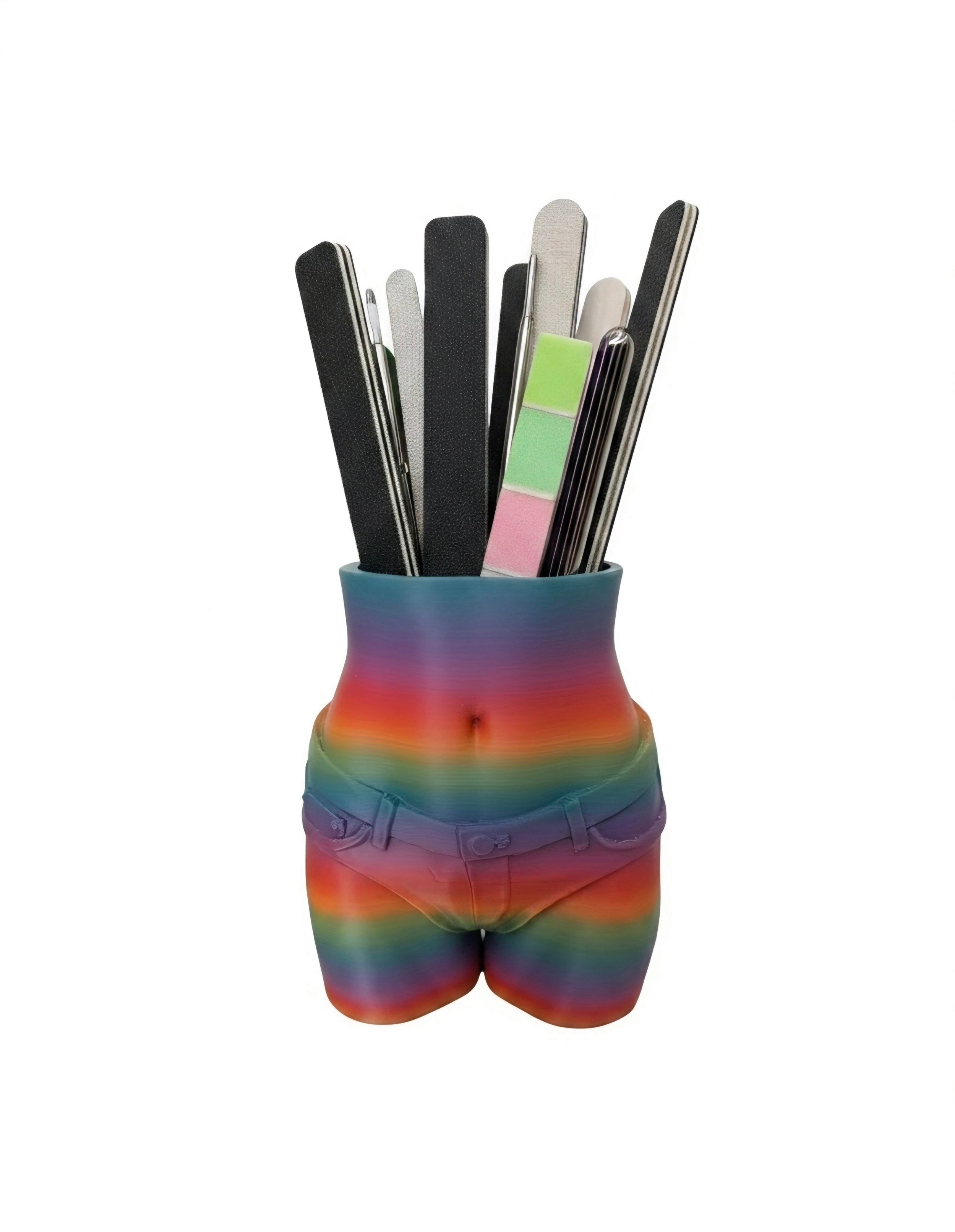 A novelty desk organiser shaped like a human torso with shorts holding several nail files, isolated on a white background.