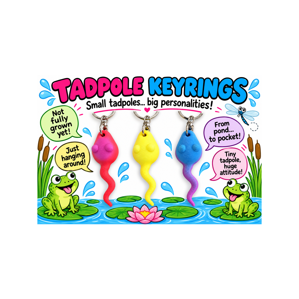 A set of four novelty tadpole keychains displayed on a colorful printed backing card. The keychains are in pink, yellow, blue, and purple, each with a small plastic tadpole charm and a silver metal keyring.