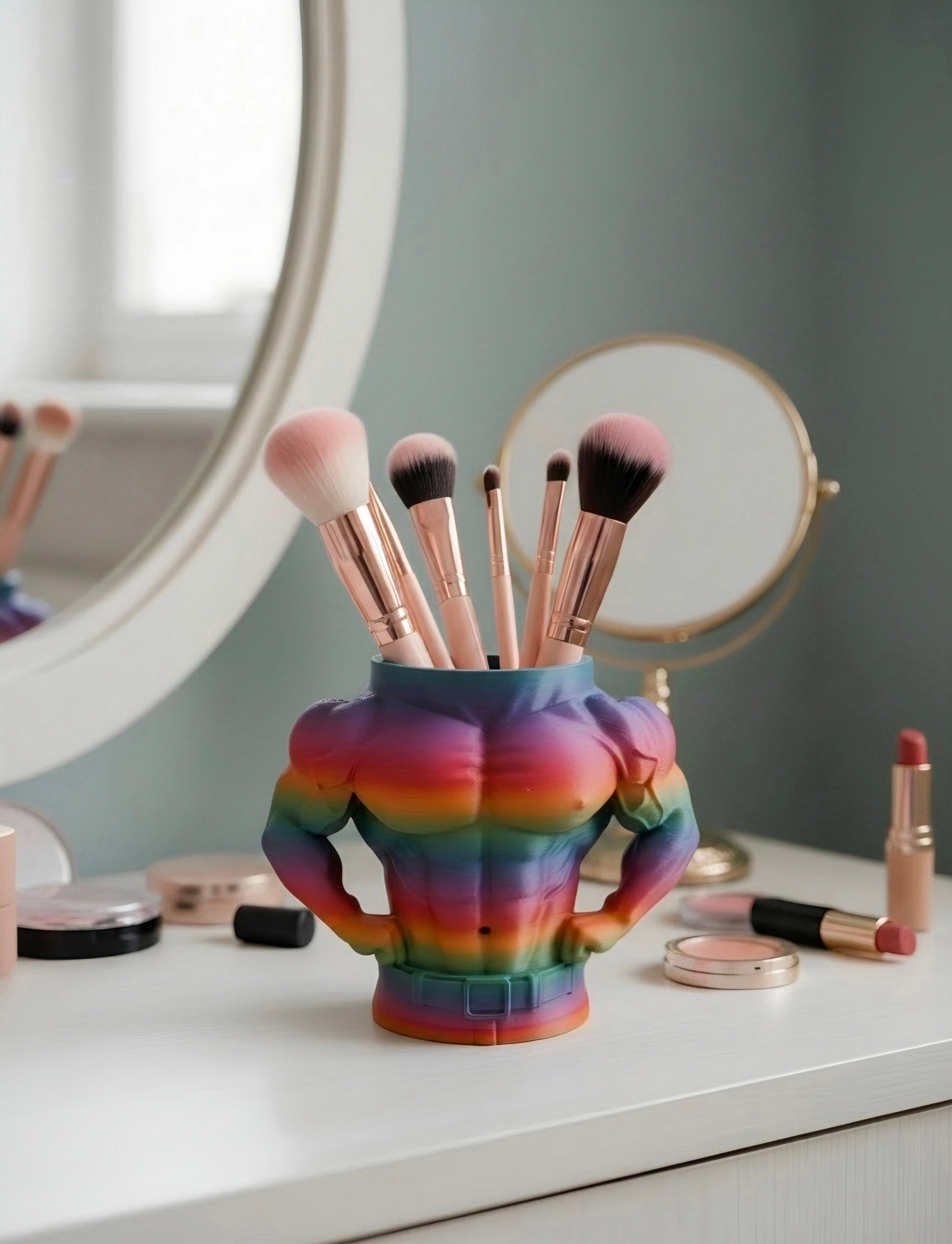 A colorful, muscular torso-shaped makeup brush holder filled with makeup brushes, set on a white vanity table with cosmetics and mirrors in a softly lit room.