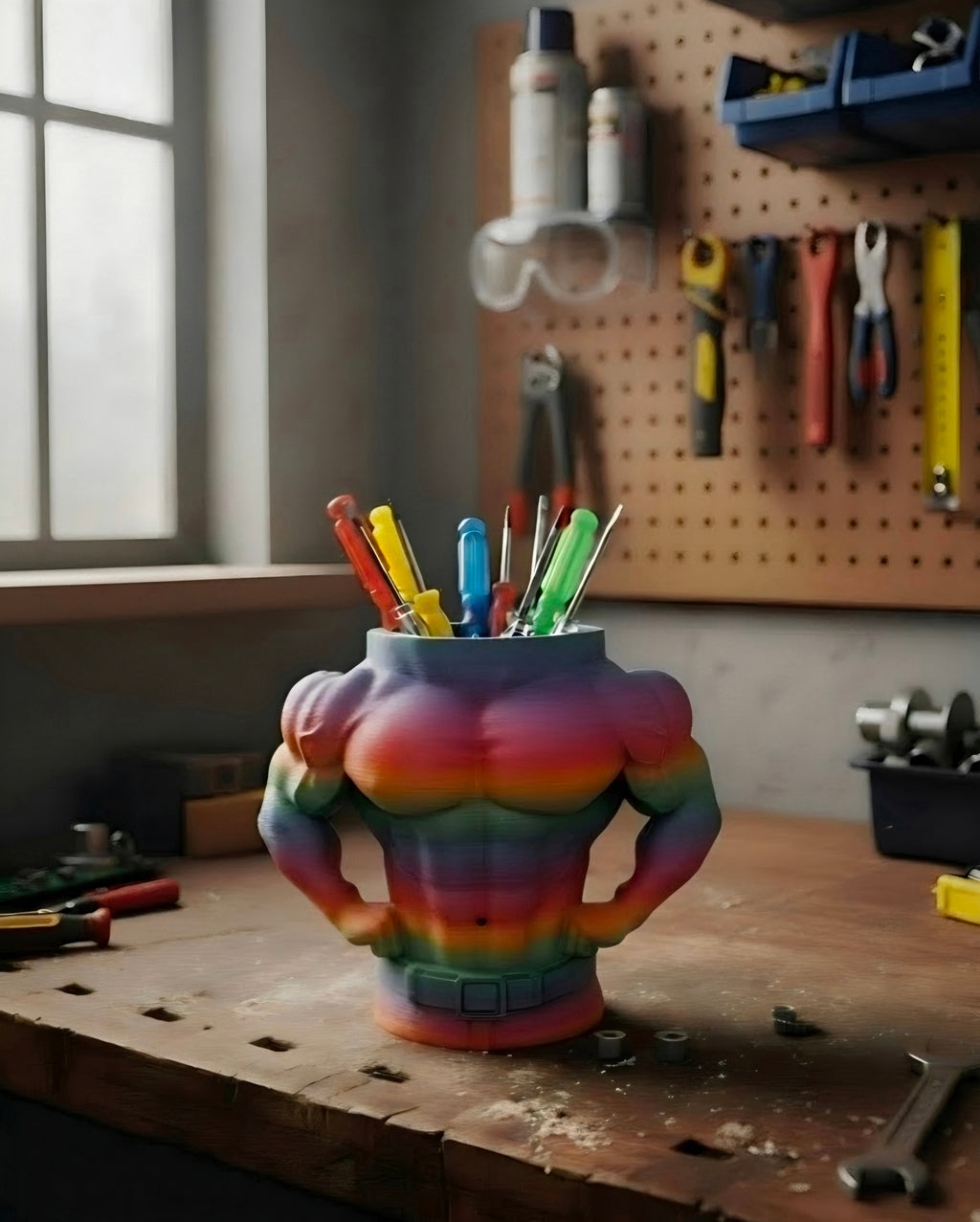 A novelty desk pot holder shaped like a muscular torso with a rainbow gradient finish, filled with pens and pencils, set on a wooden workbench in a workshop environment.