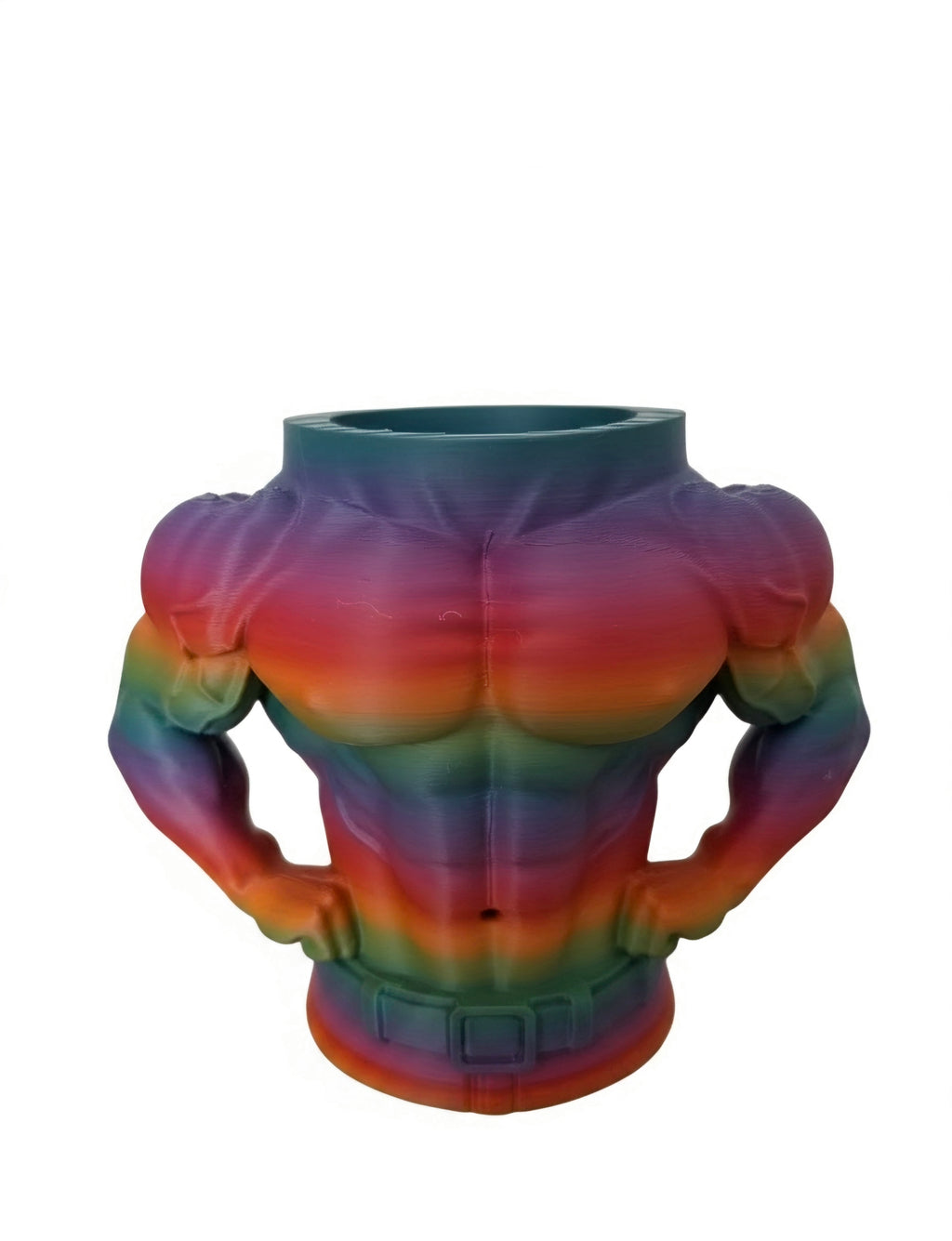 A novelty planter shaped like a muscular torso with hands on hips, featuring a vibrant rainbow gradient color scheme on a plain white background.