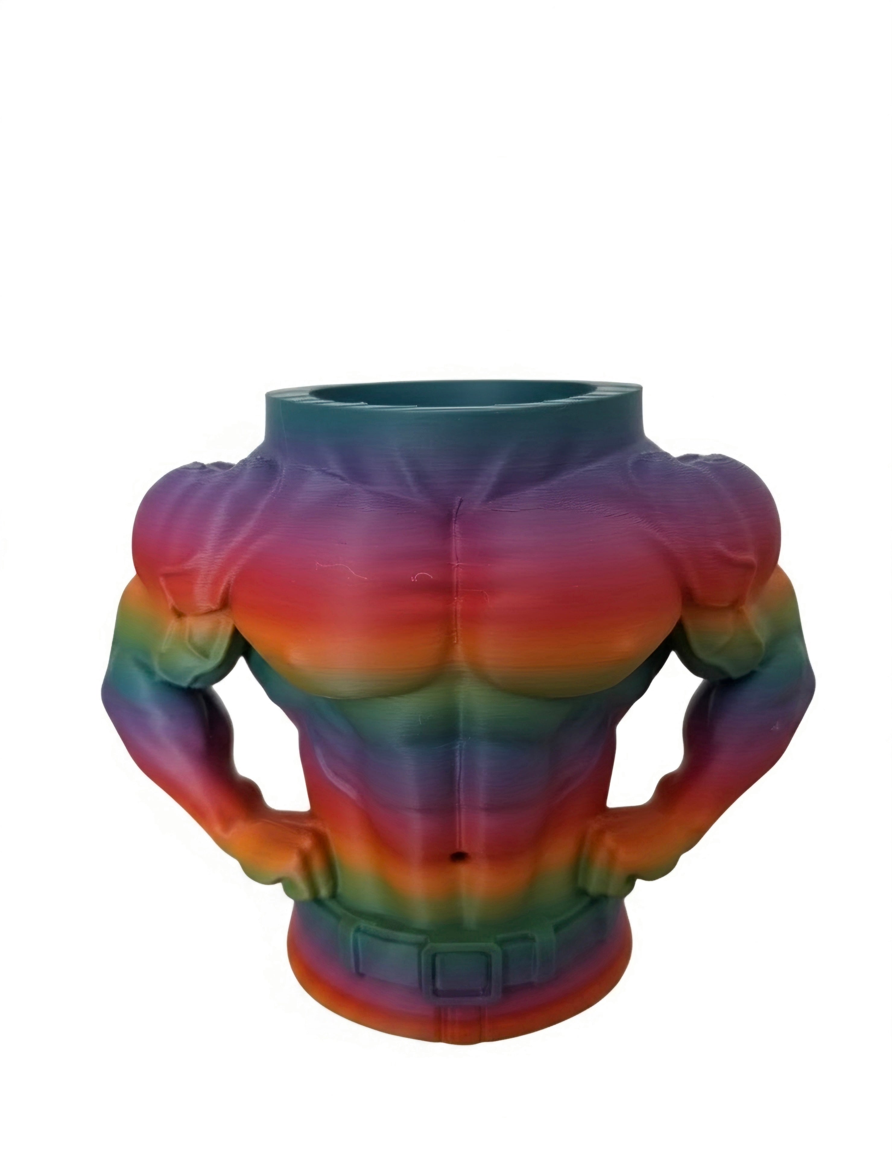 A novelty planter shaped like a muscular torso with hands on hips, featuring a vibrant rainbow gradient color scheme on a plain white background.