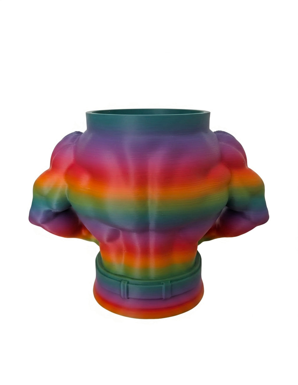 A 3D-printed muscular torso sculpture with a rainbow gradient pattern of purple, blue, green, yellow, and orange, designed as a vase or planter on a white background.