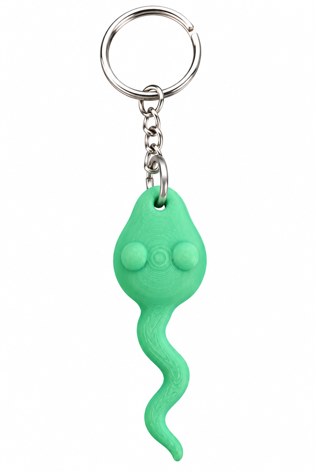 A mint green 3d Printed keychain shaped like a stylized sperm, featuring a wavy tail and two raised circular eyes, attached to a silver metal split ring and chain on a plain white background.