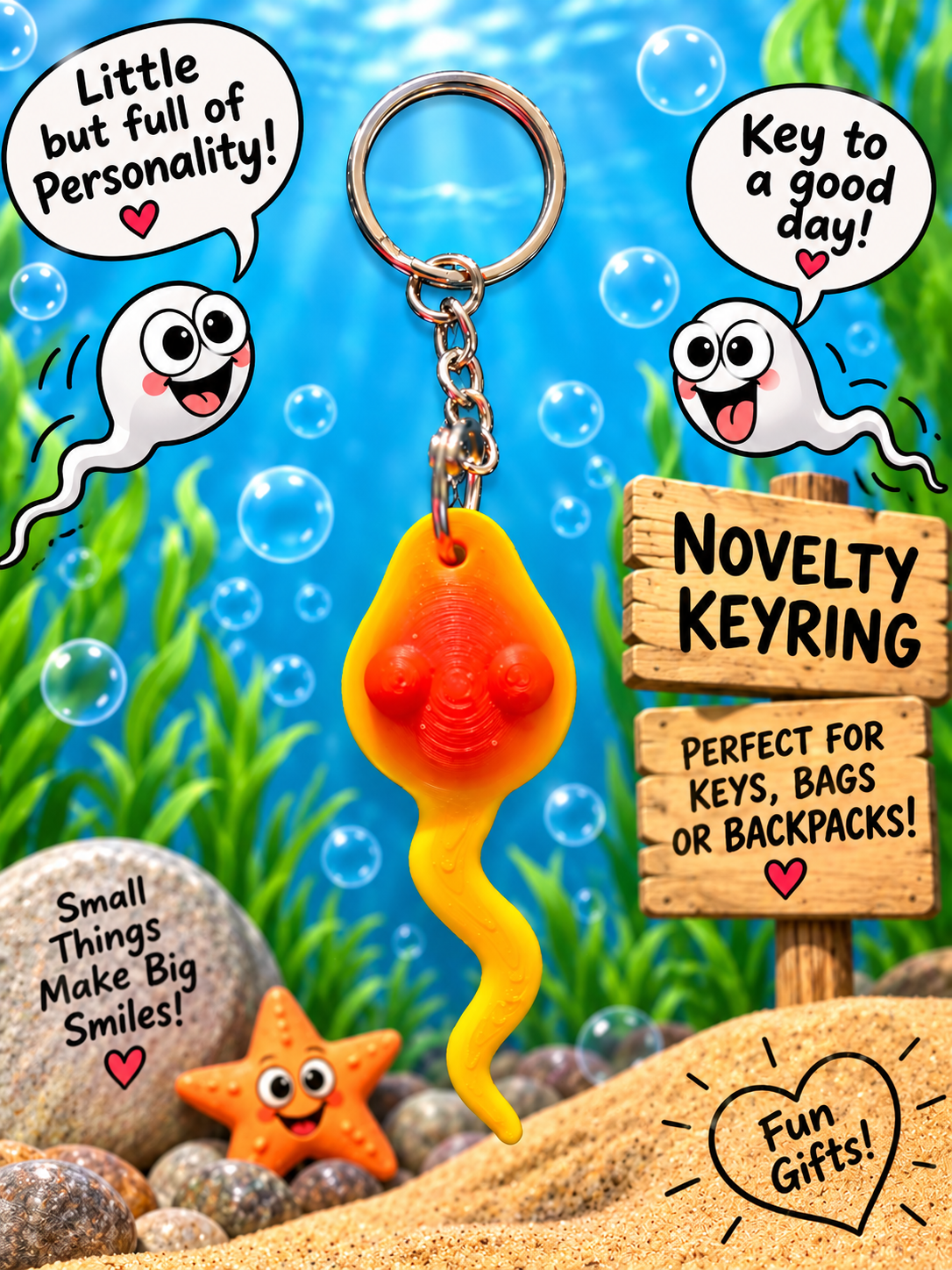A novelty keyring shaped like a cartoon sperm, shown in a colorful underwater-themed graphic with bubbles, grass, rocks, and signs reading 'Novelty Keyring' and other promotional text.
