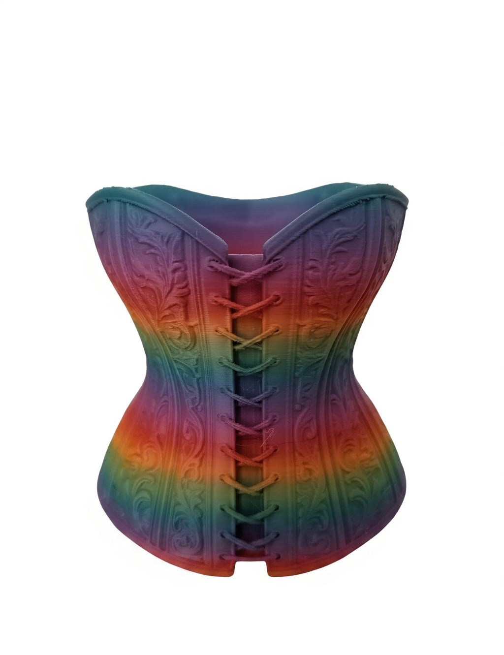 A structured lace-up corset with an embossed floral pattern, featuring a vibrant rainbow gradient transitioning from purple and blue at the top to red and orange at the bottom, shown against a plain white background.