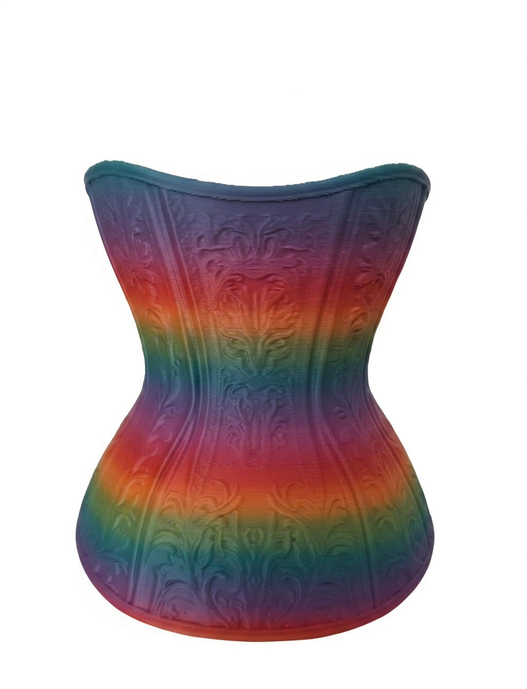 A structured corset-style garment with an embossed floral pattern, featuring a vibrant rainbow gradient transitioning from teal and purple at the top, through red and orange, to blue at the bottom, shown against a plain white background.