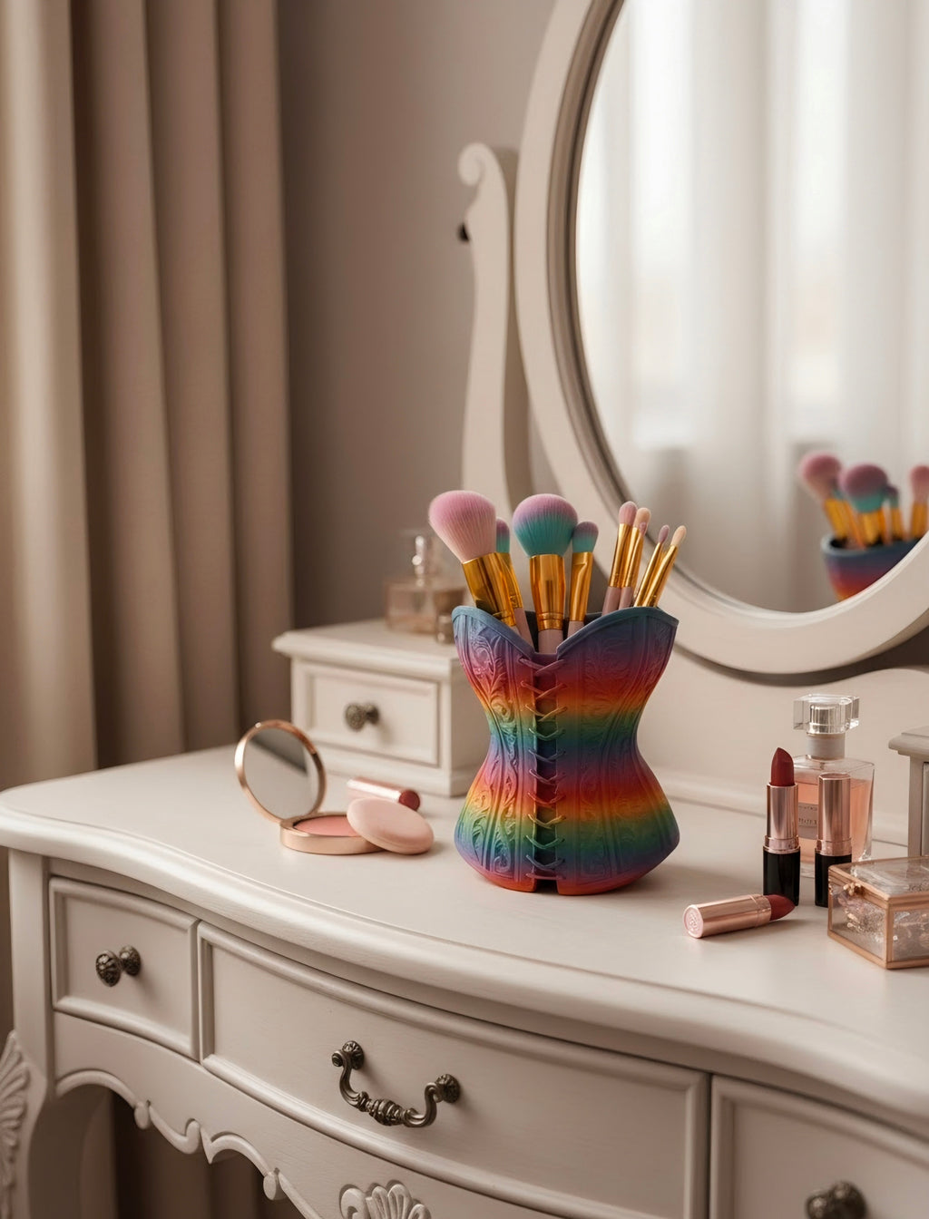 A colorful makeup brush holder shaped like a rainbow-striped corset sits on a white vanity table with cosmetics, a mirror, and curtains in the background.
