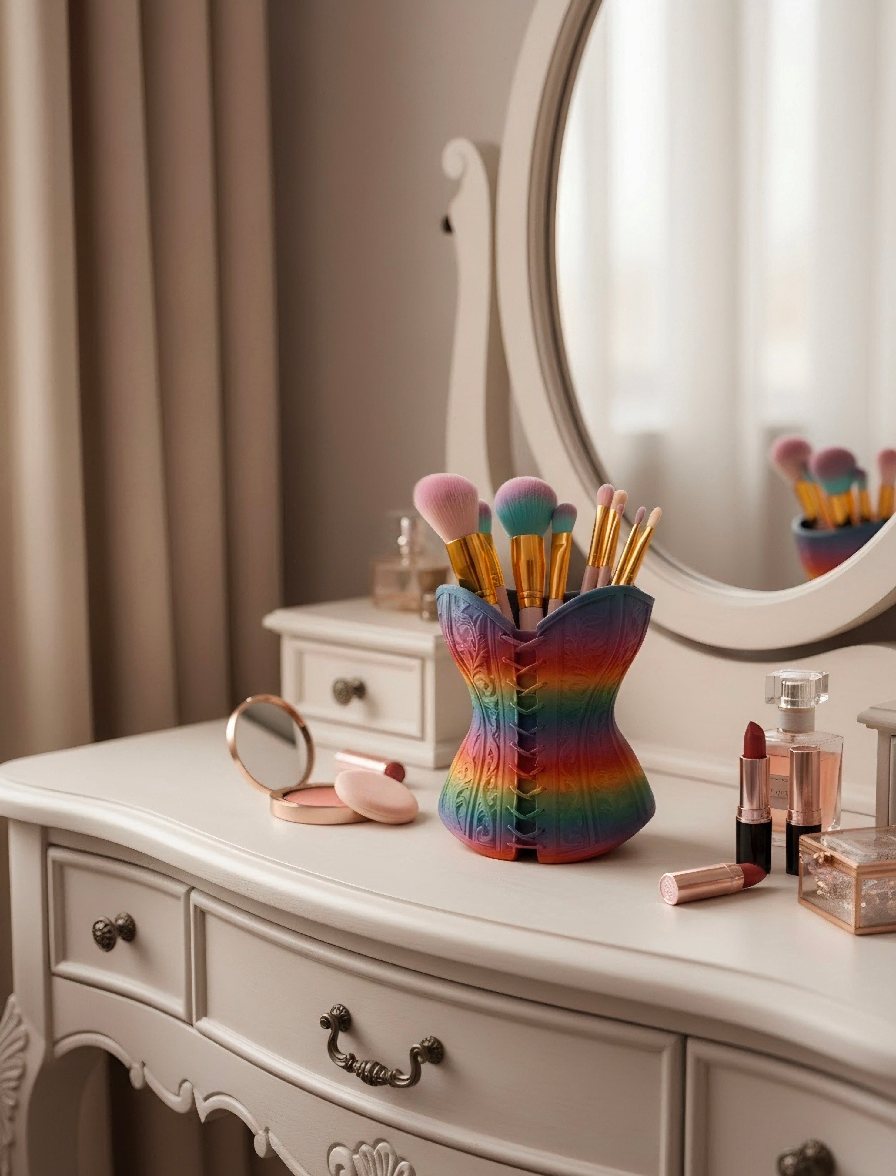 A colorful makeup brush holder shaped like a rainbow-striped corset sits on a white vanity table with cosmetics, a mirror, and curtains in the background.