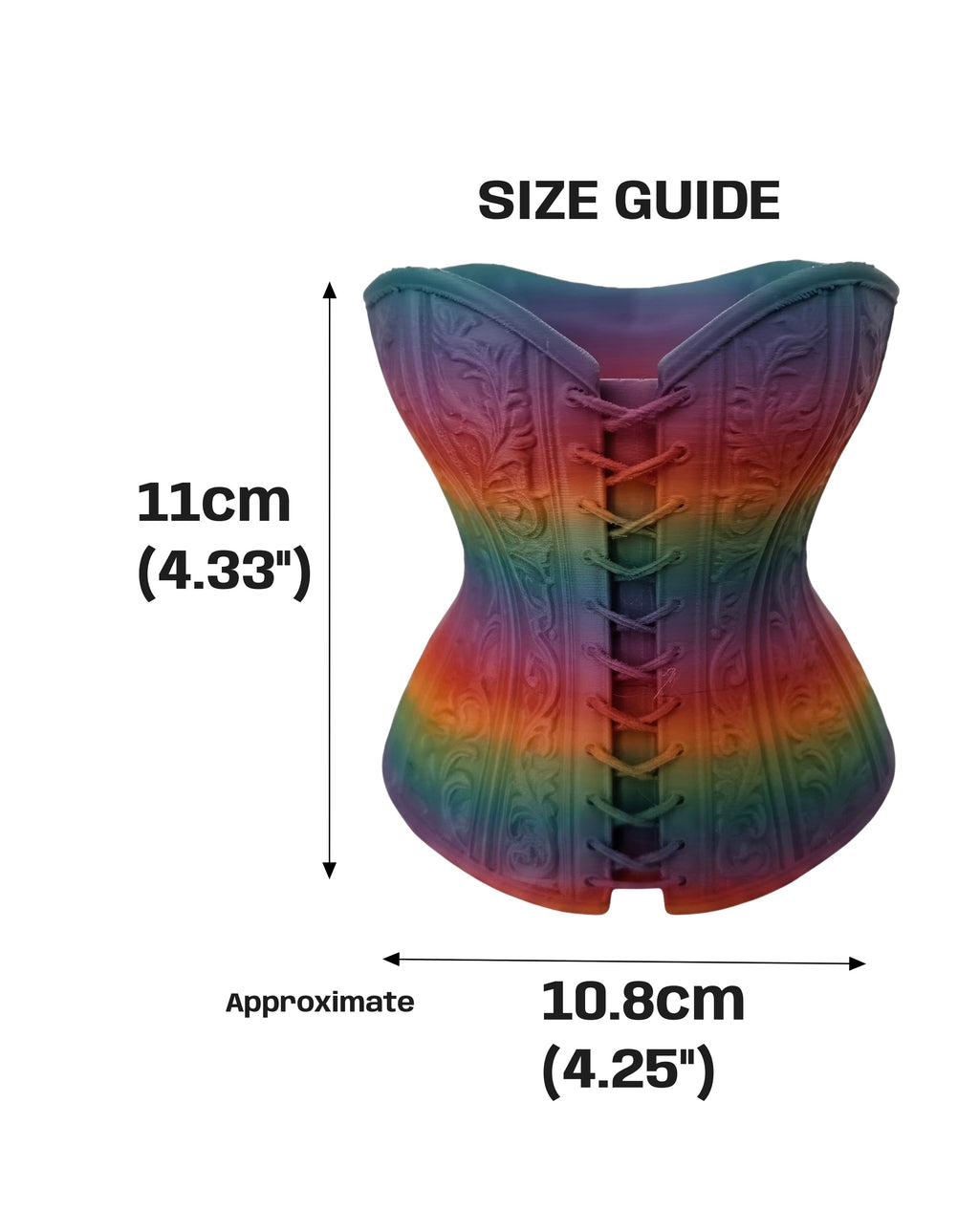 A corset with a rainbow gradient colour scheme, shown with dimension lines indicating a height of 11cm x 10.8cm