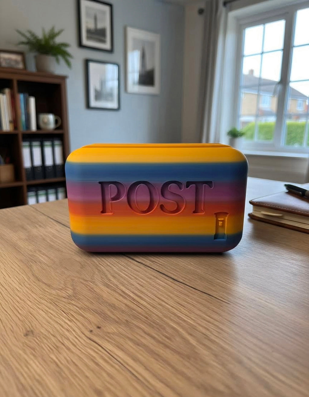 Rainbow Mail Holder with 'POST' embossed on it, placed on a wooden surface.