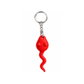 A novelty keychain shaped like a red sperm cell with a silver metal split ring and chain, shown against a plain white background.