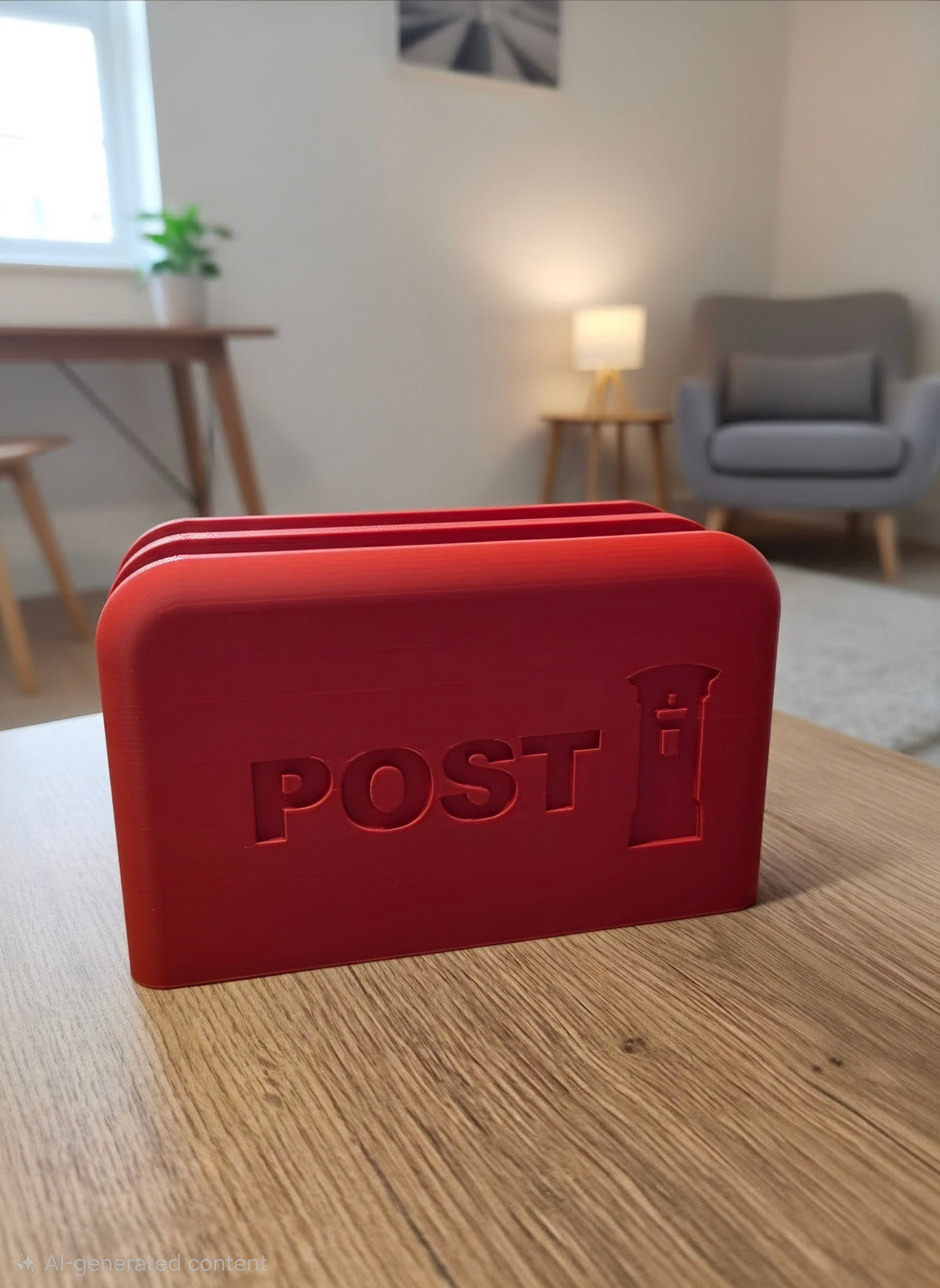 A red rectangular post box with embossed 'POST' lettering and a post emblem, placed on a wooden table in a softly blurred living room setting.