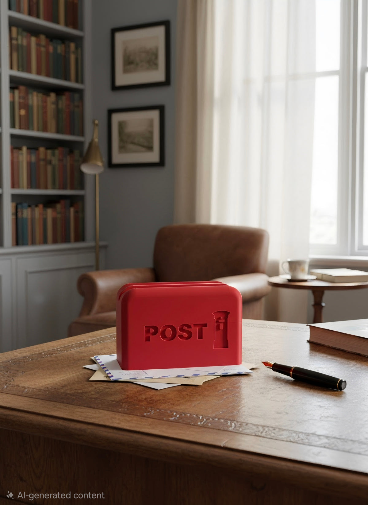 A red vintage-style post box with embossed 'POST' lettering sits on a wooden table in a softly lit study or office, with papers, a pen, a chair, bookshelves, and a window in the background.