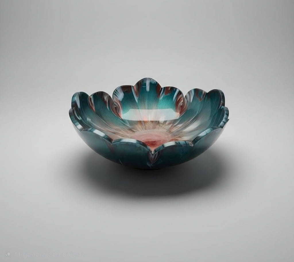 Decorative resin bowl with a scalloped edge on a gray background