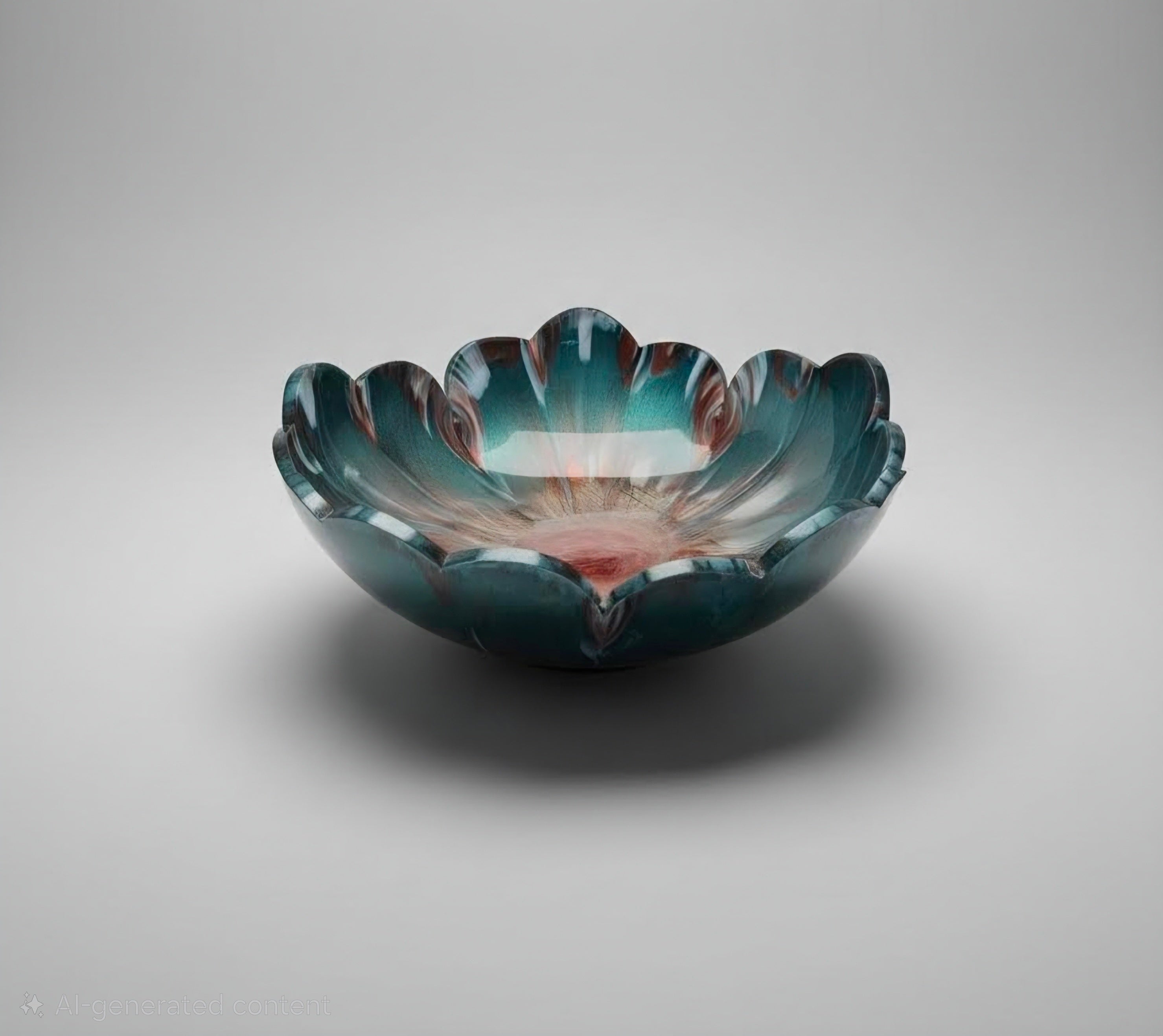 Decorative resin bowl with a scalloped edge on a gray background