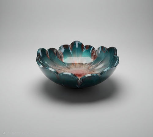 Decorative resin bowl with a scalloped edge on a gray background